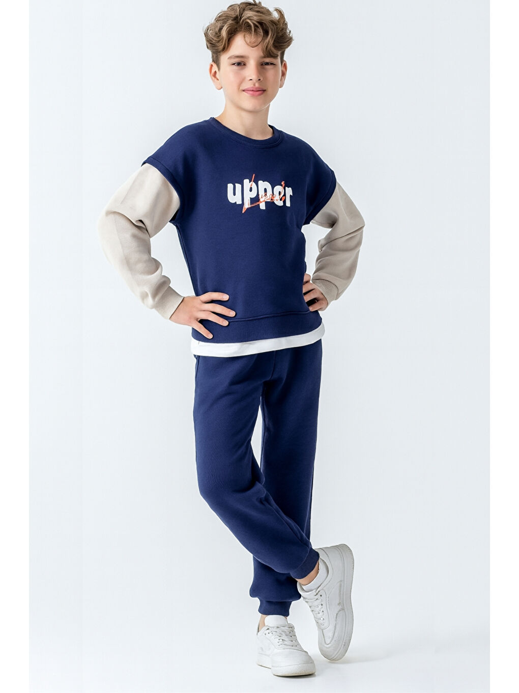 Lacivert Erkek Çocuk Upper Baskılı 3 İplik Kalın Kışlık Eşofman Takımı Ak4231-2