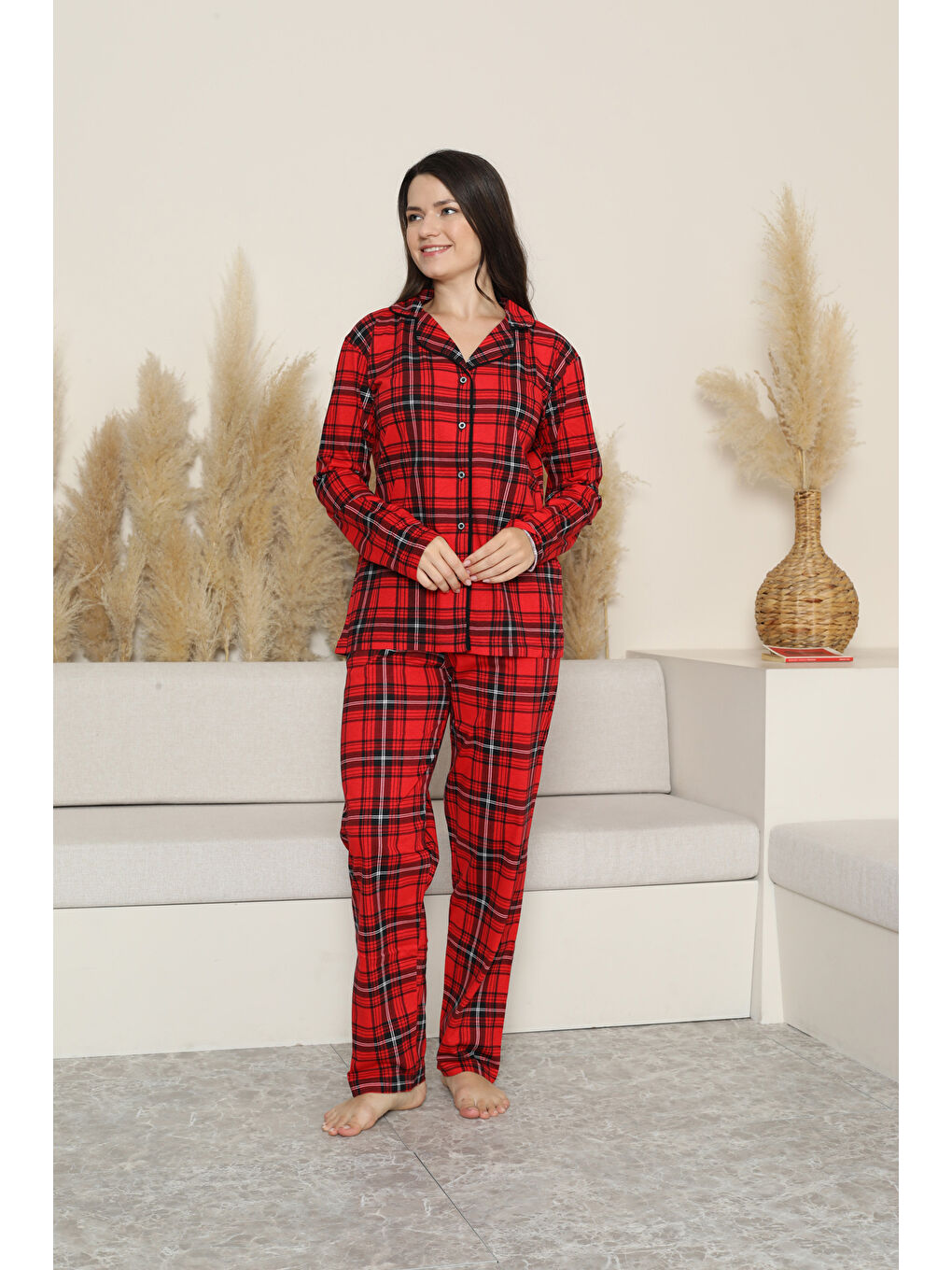 Bordo Kadın Pijama Takımı-Ekose Desenli - Pat Yakalı-Düğmeli 12285-3