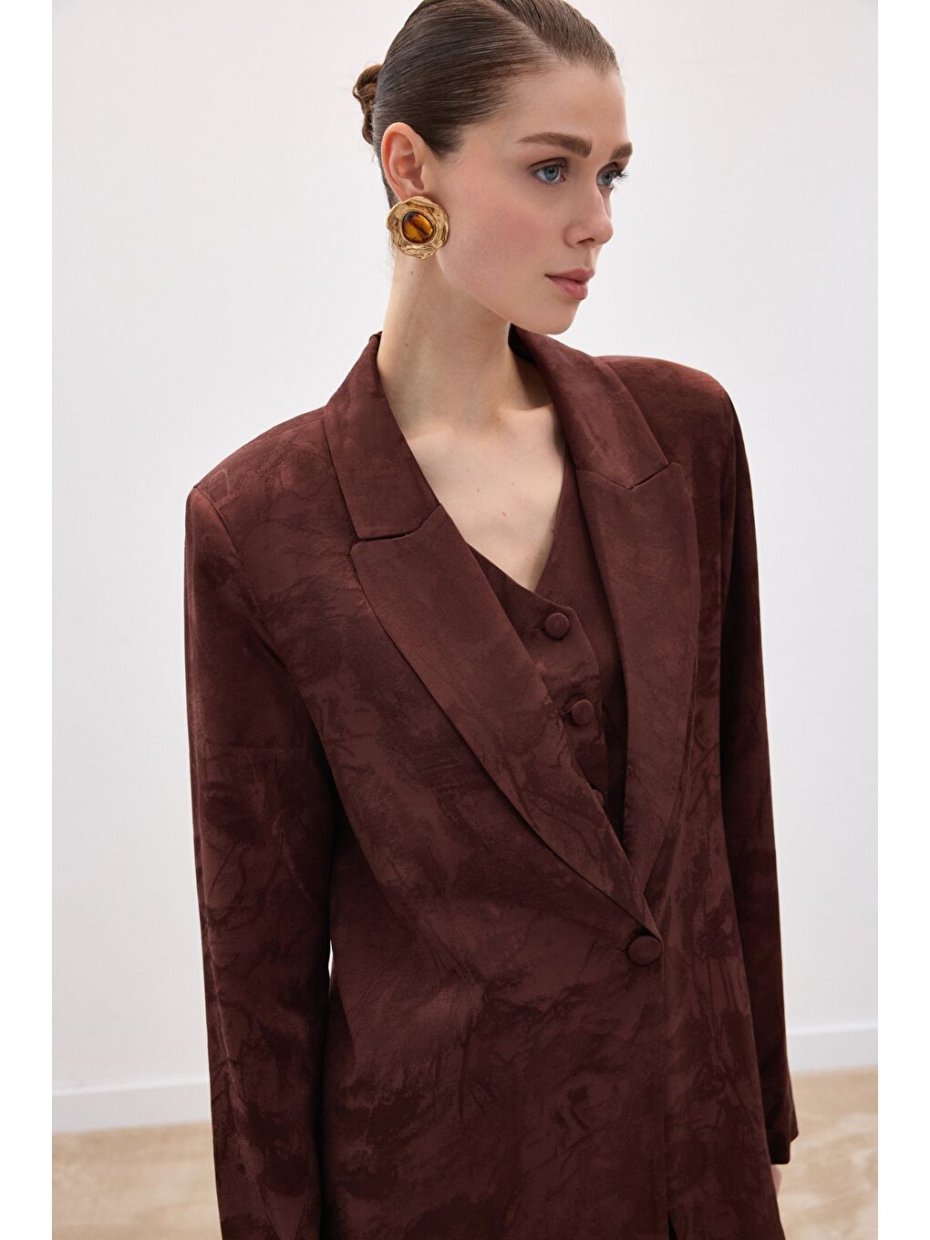 Kahverengi Jakarlı Uzun Ceket - Kahve-5