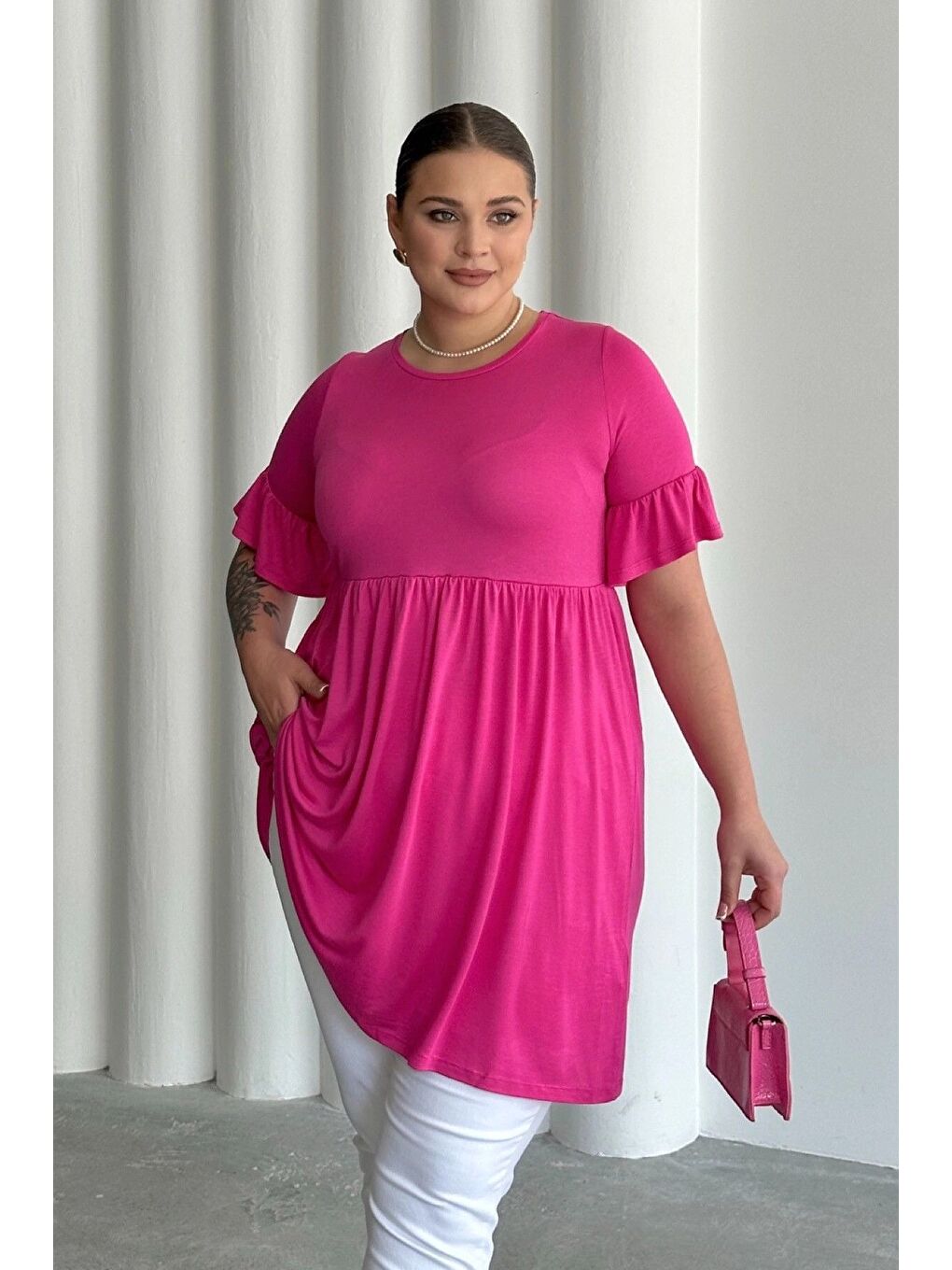Fuşya Büyük Beden Kol Detaylı Beli Lastikli Pileli Tunik T-shirt T41