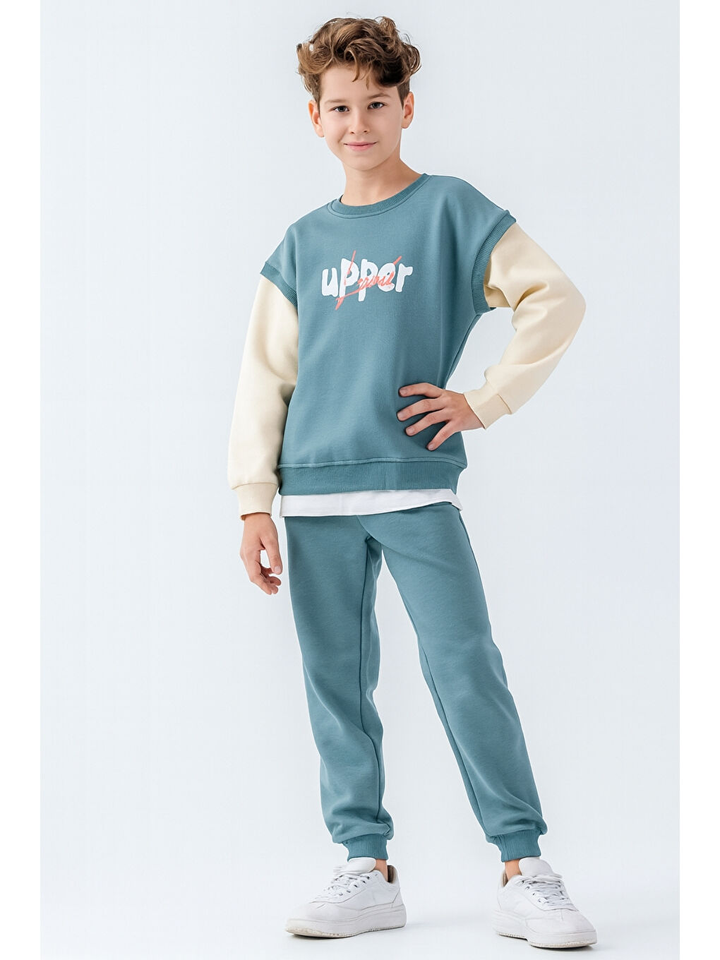 Mavi Erkek Çocuk Upper Baskılı 3 İplik Kalın Kışlık Eşofman Takımı Ak4231-2