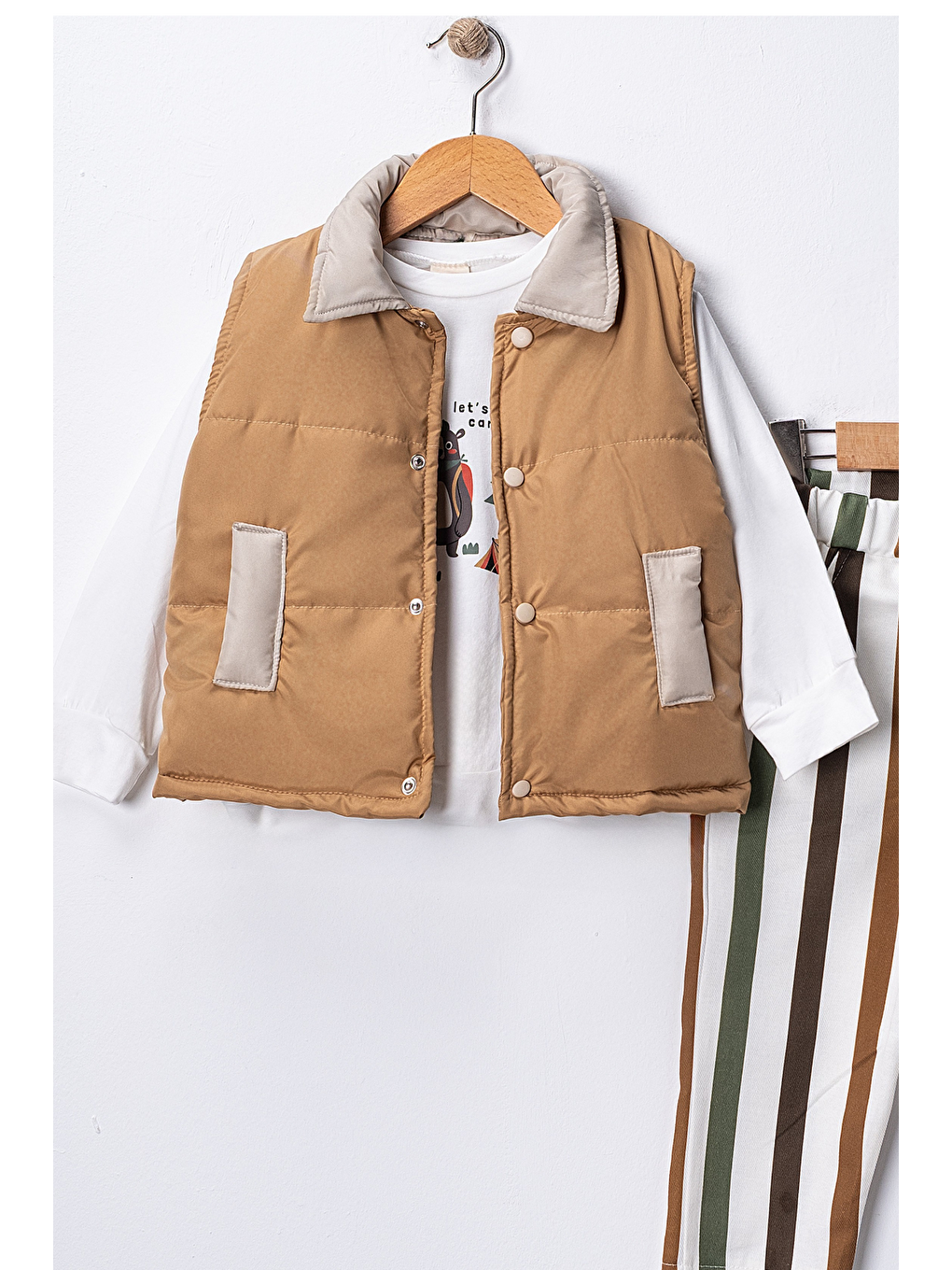 Kahverengi Erkek Çocuk Yelek-Sweatshirt-Çizgili Pantolon 3'lü Takım (2-5 Yaş)-1