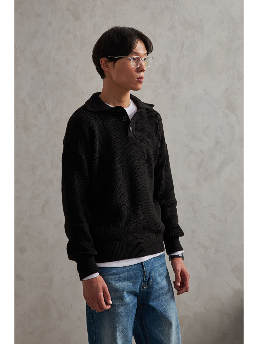 Siyah Erkek Yakası Düğmeli Oversize Kazak-2