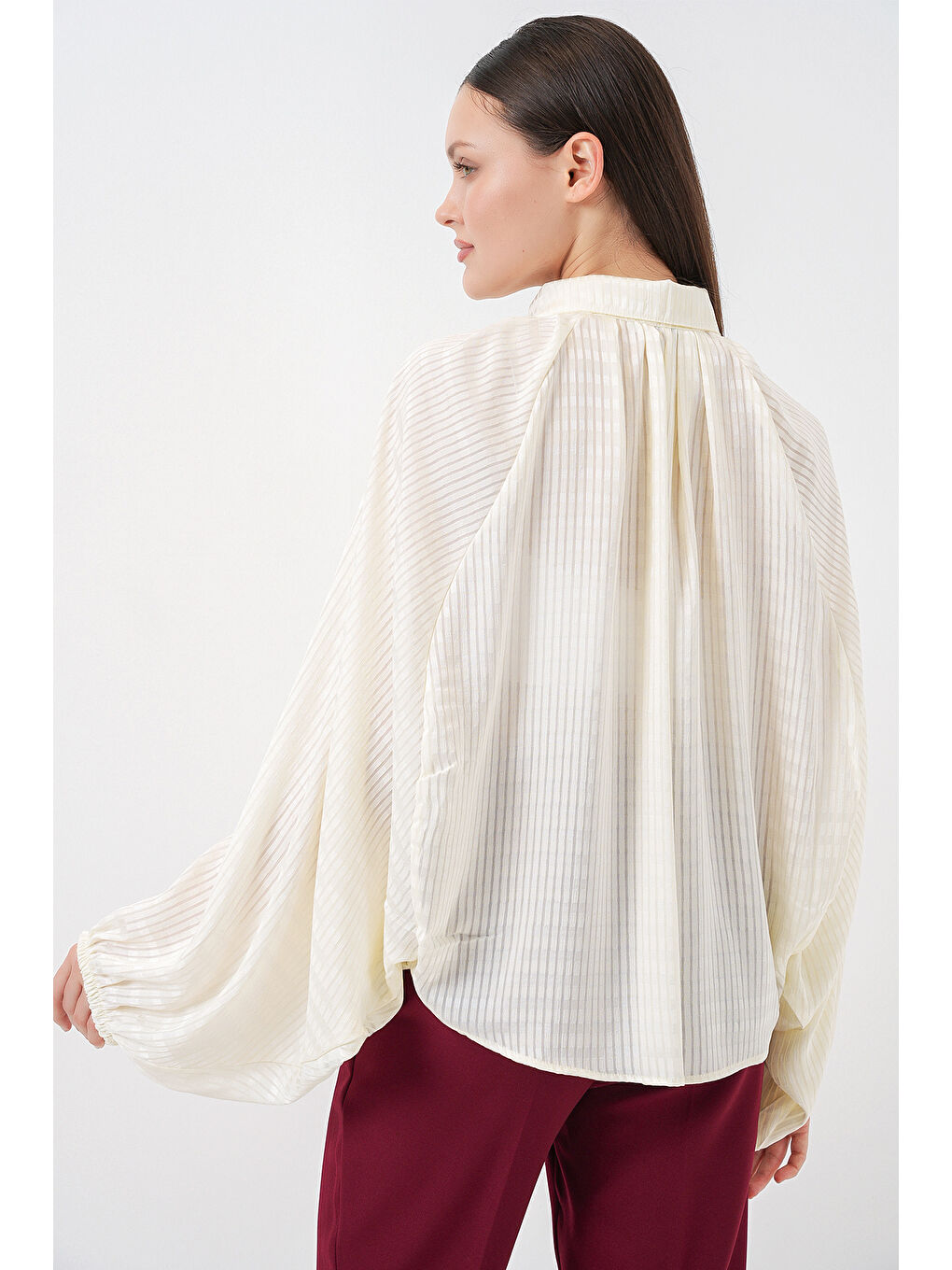 Kadın Yarasa Kol Oversize Gömlek 20368 - Ekru-6