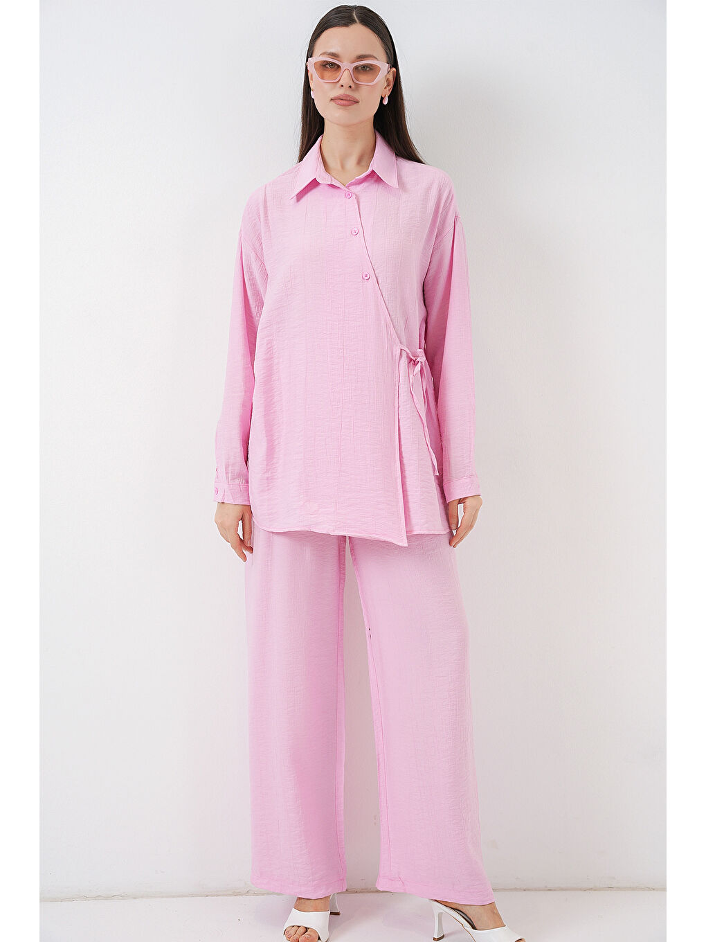 Pembe Kadın Bağcıklı Tunik Pantolon İkili Takım 6752 - Pudra