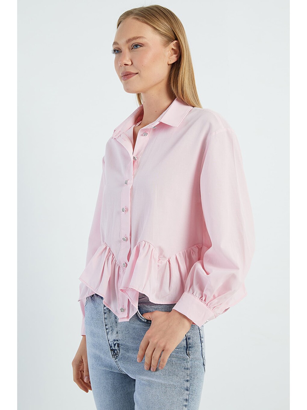 Pembe Eteği Fırfırlı Salaş Gömlek-2
