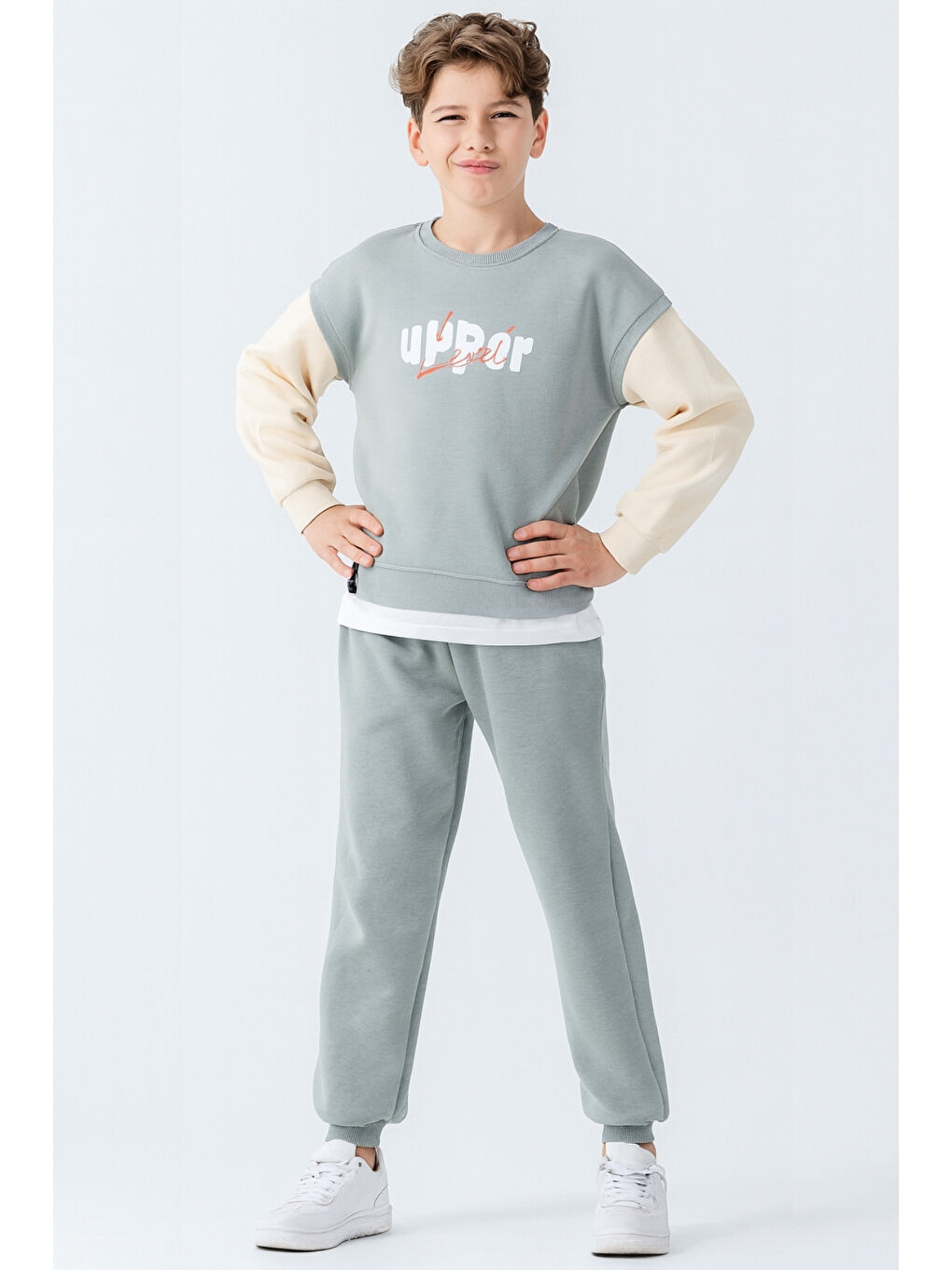 Yeşil Erkek Çocuk Upper Baskılı 3 İplik Kalın Kışlık Eşofman Takımı Ak4231-1