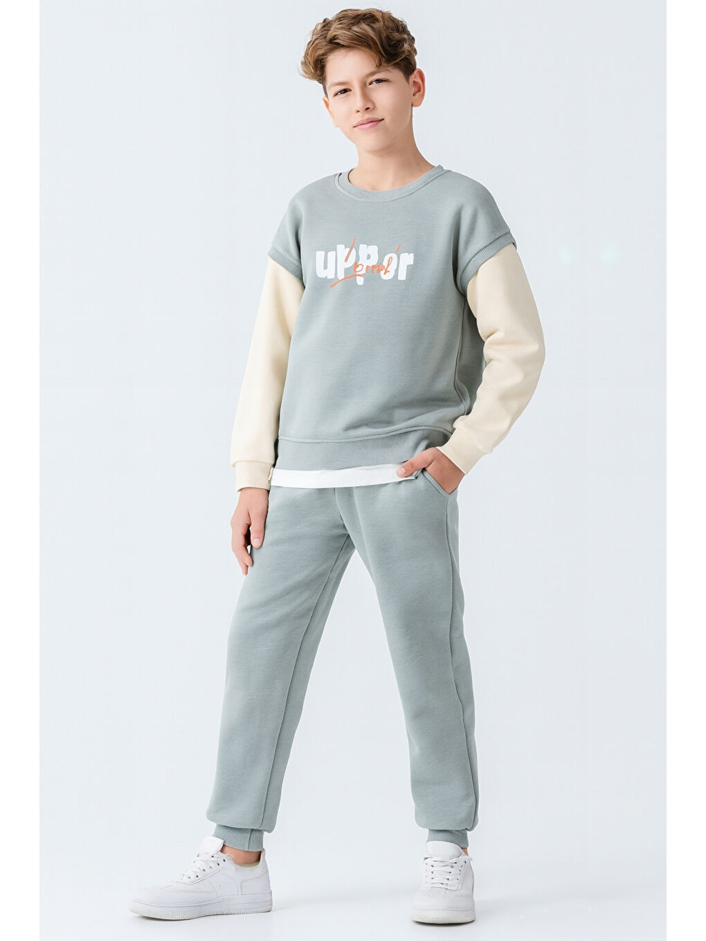 Yeşil Erkek Çocuk Upper Baskılı 3 İplik Kalın Kışlık Eşofman Takımı Ak4231-2