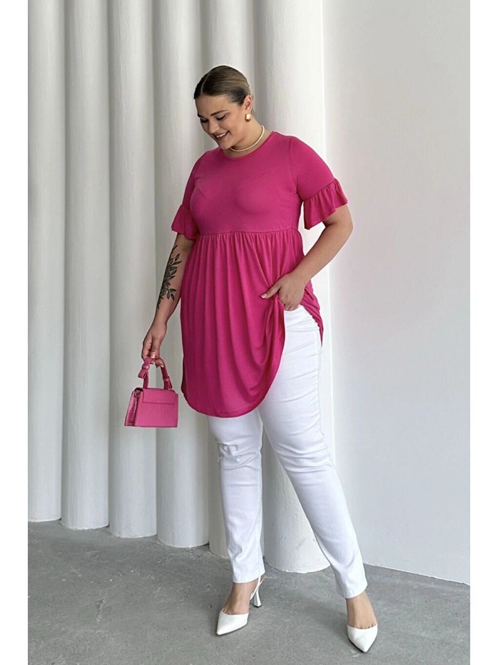 Fuşya Büyük Beden Kol Detaylı Beli Lastikli Pileli Tunik T-shirt T41-1