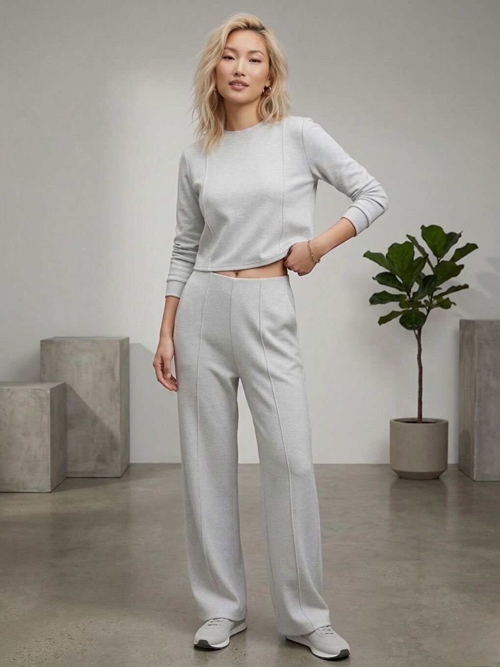 Gri Fitilli Örme Bel Boyu Bluz Terletmeyen Premium Pantolon Takım