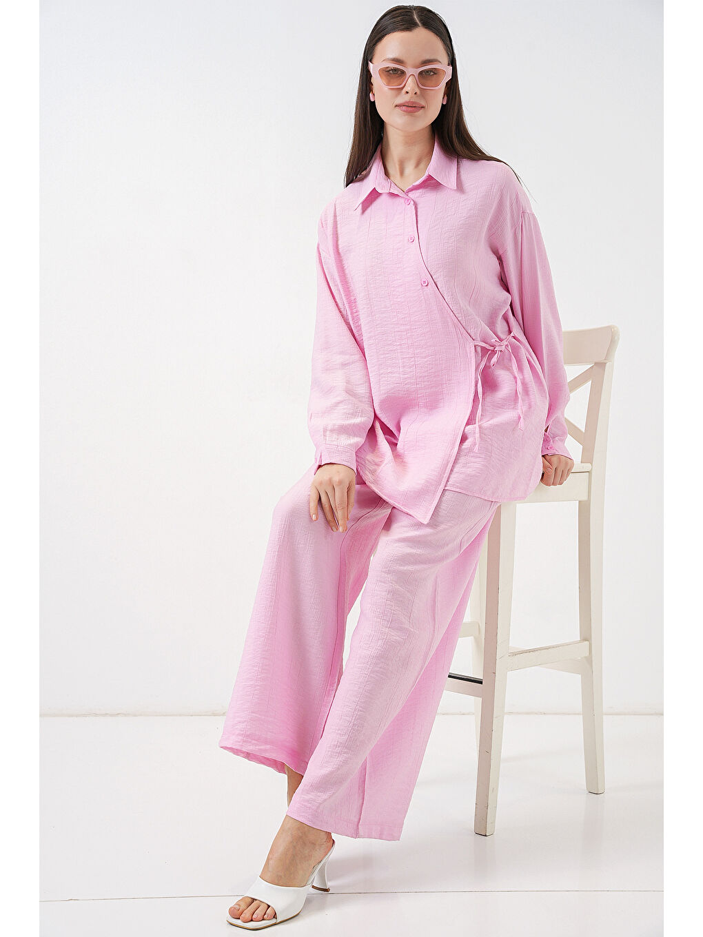 Pembe Kadın Bağcıklı Tunik Pantolon İkili Takım 6752 - Pudra-1