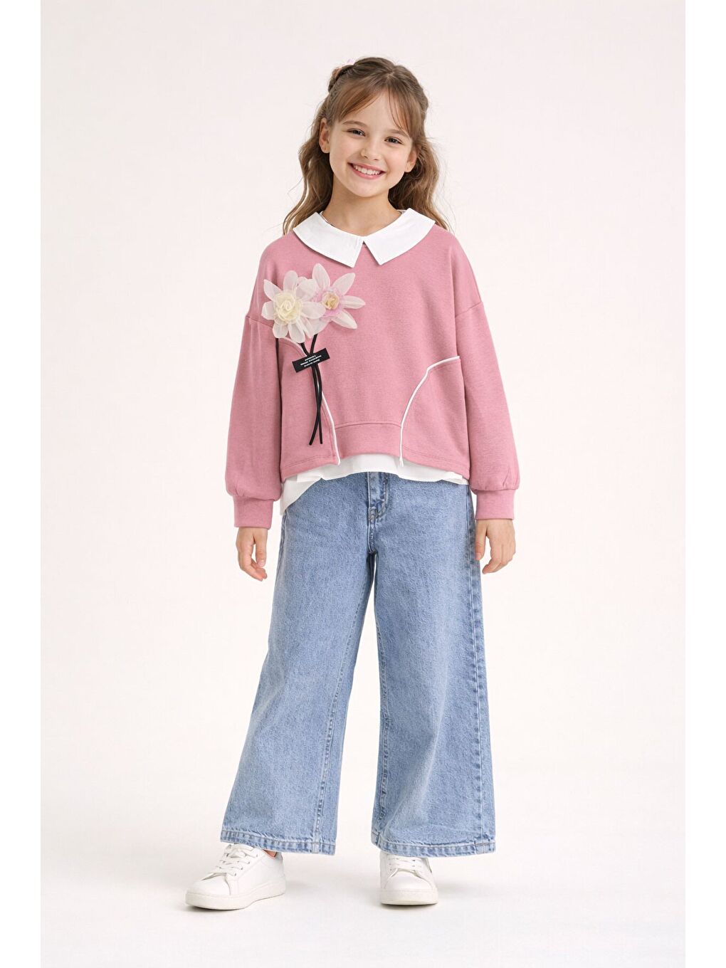 Pembe Çiçek Detaylı Badili Gömlekli Kız Çocuk 3lü Alt Üst Takım 23530