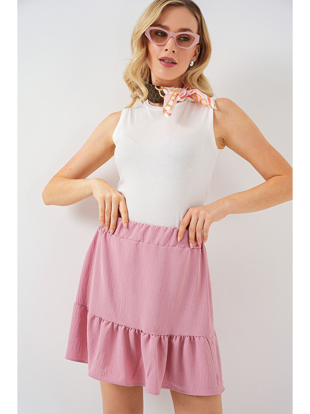 Pembe Kadın Ayrobin Mini Etek 8054 - Pudra