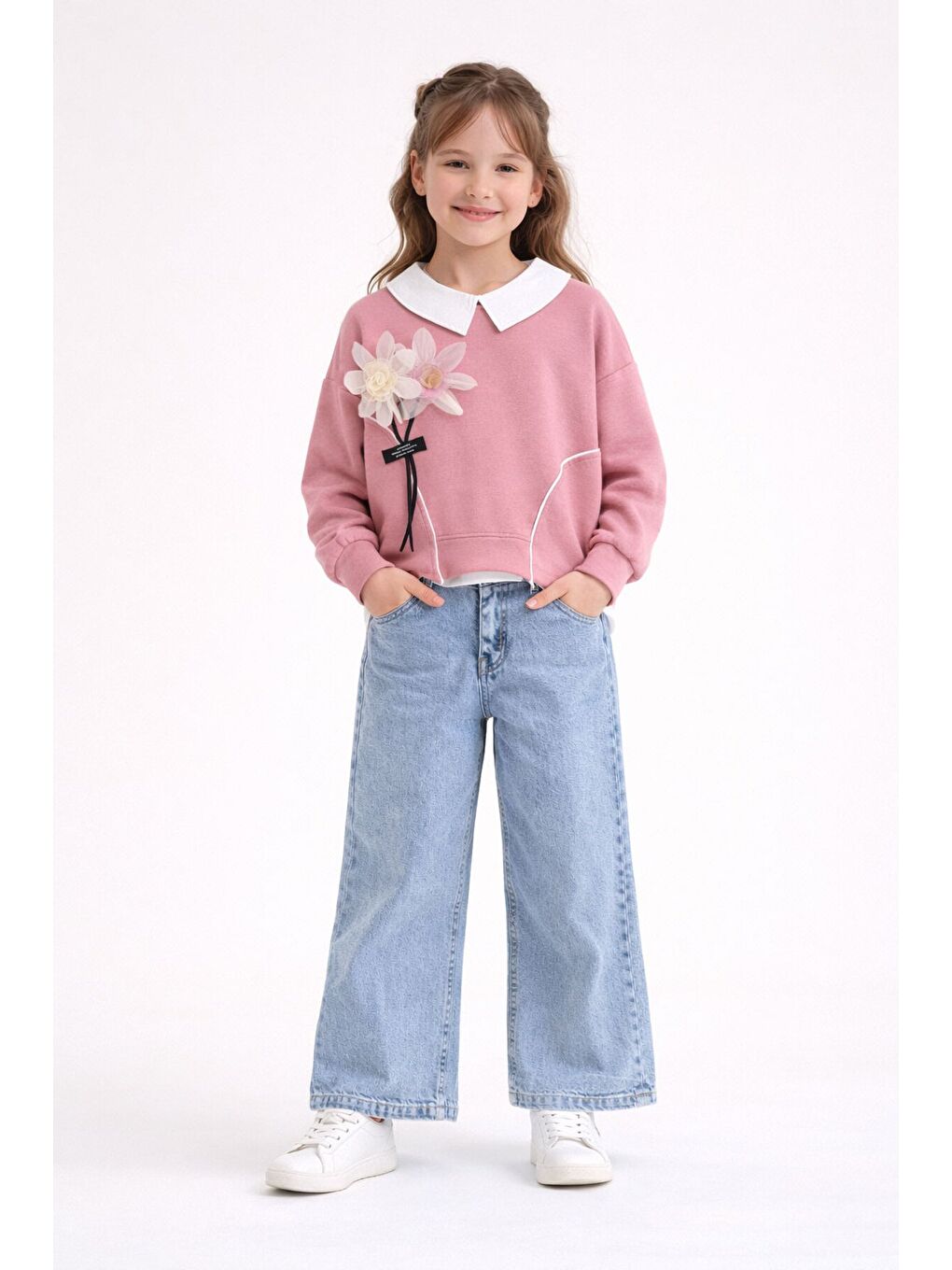 Pembe Çiçek Detaylı Badili Gömlekli Kız Çocuk 3lü Alt Üst Takım 23530-1