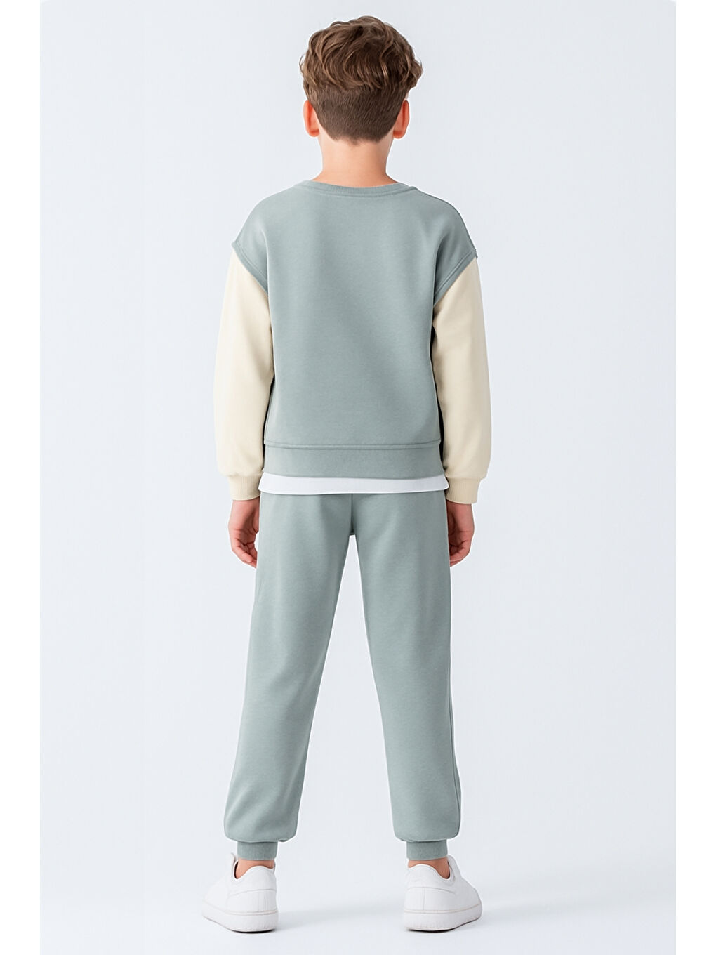 Yeşil Erkek Çocuk Upper Baskılı 3 İplik Kalın Kışlık Eşofman Takımı Ak4231-3
