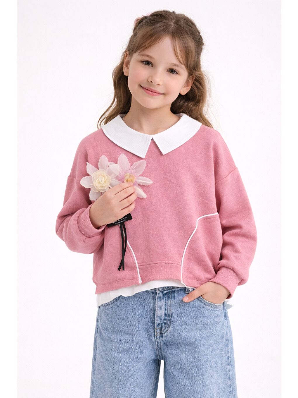 Pembe Çiçek Detaylı Badili Gömlekli Kız Çocuk 3lü Alt Üst Takım 23530-2