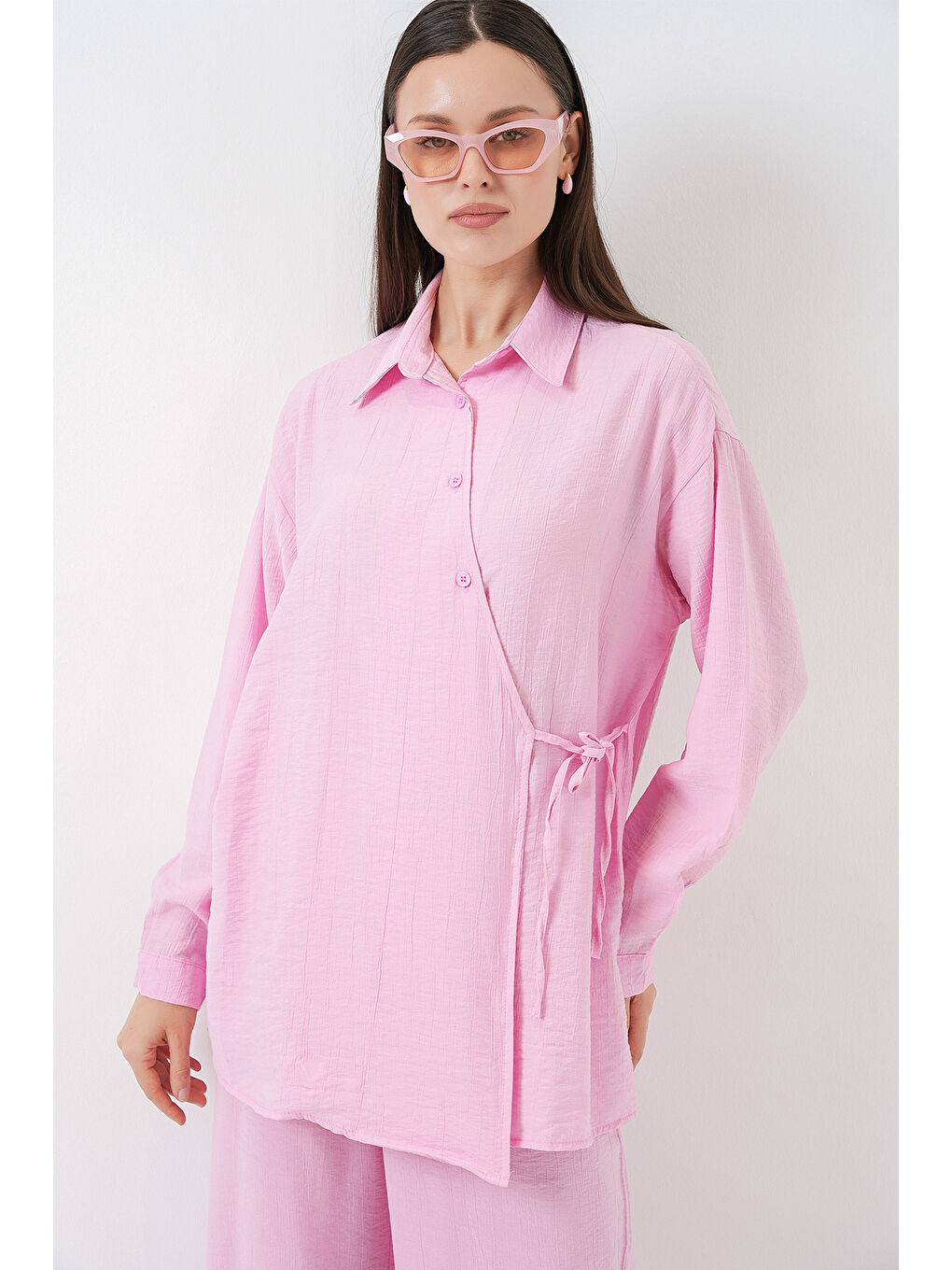 Pembe Kadın Bağcıklı Tunik Pantolon İkili Takım 6752 - Pudra-2