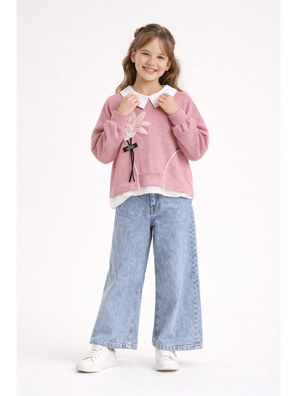 Pembe Çiçek Detaylı Badili Gömlekli Kız Çocuk 3lü Alt Üst Takım 23530-3