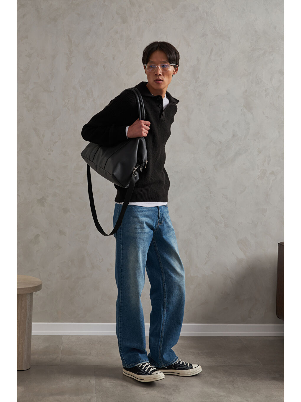 Siyah Erkek Yakası Düğmeli Oversize Kazak-5