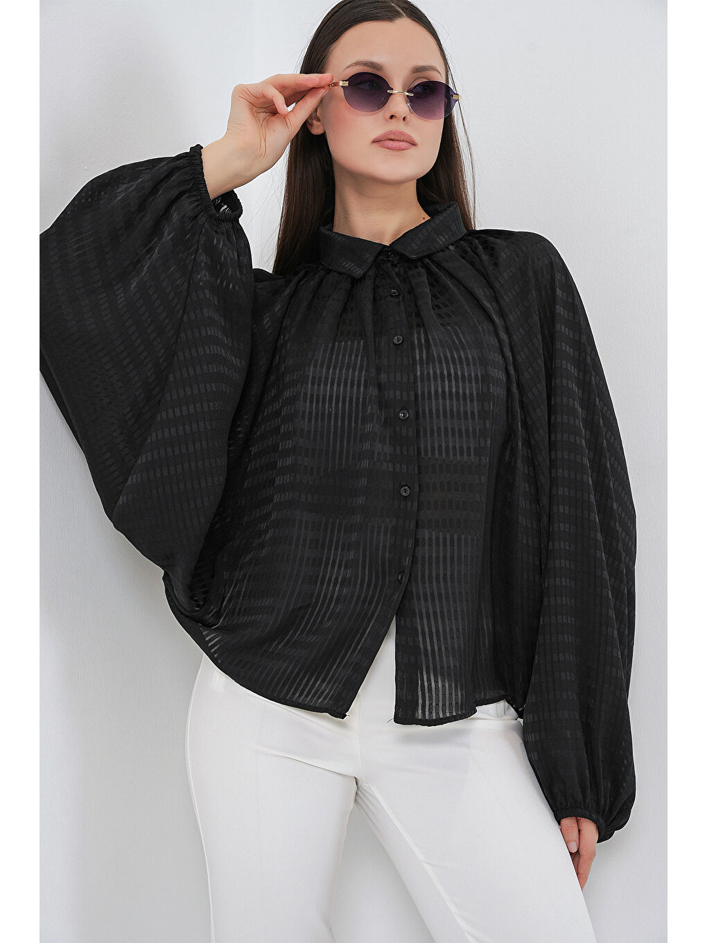 Kadın Yarasa Kol Oversize Gömlek 20368 - Siyah