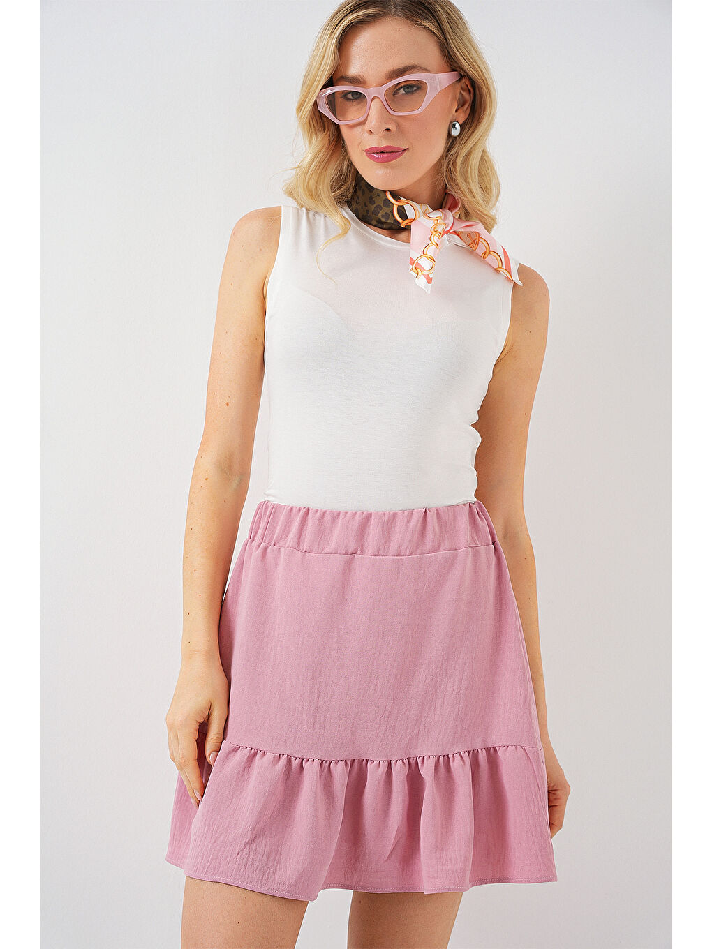 Pembe Kadın Ayrobin Mini Etek 8054 - Pudra-3