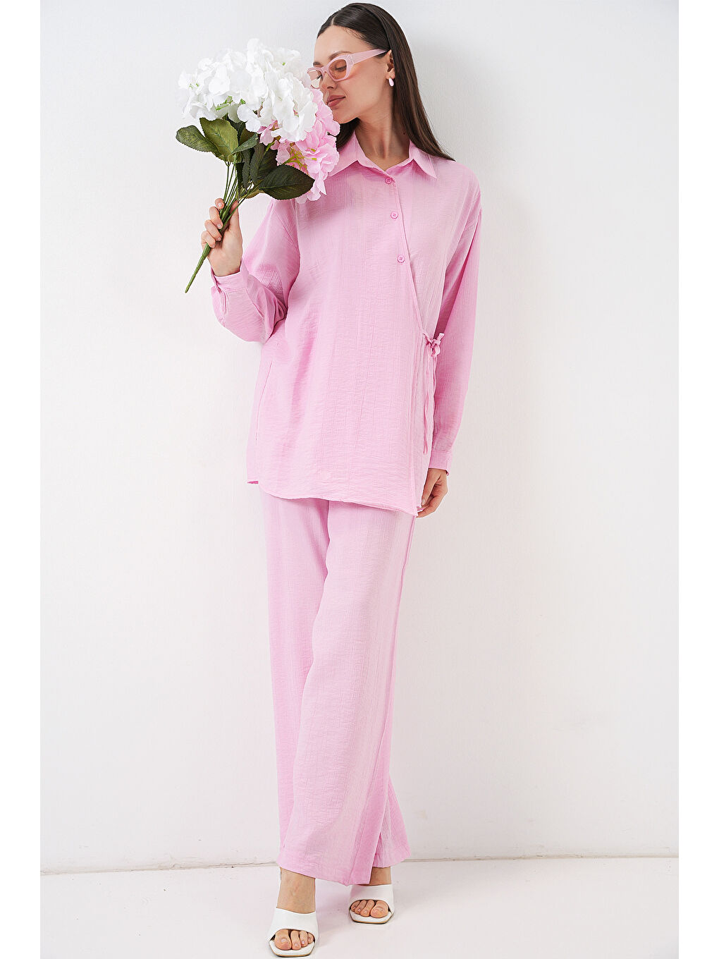 Pembe Kadın Bağcıklı Tunik Pantolon İkili Takım 6752 - Pudra-4