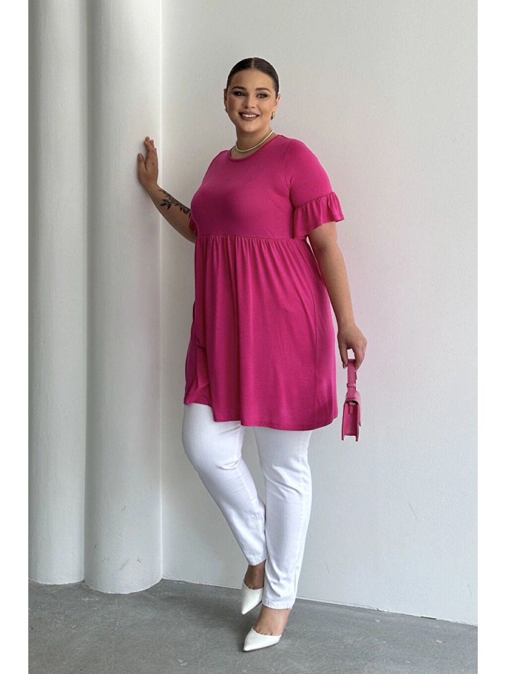 Fuşya Büyük Beden Kol Detaylı Beli Lastikli Pileli Tunik T-shirt T41-3