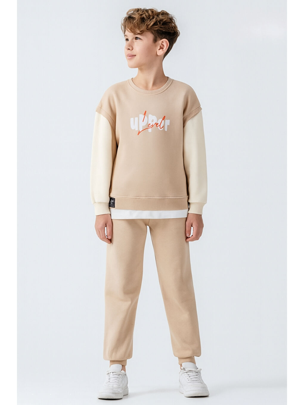 Bej Erkek Çocuk Upper Baskılı 3 İplik Kalın Kışlık Eşofman Takımı Ak4231-1