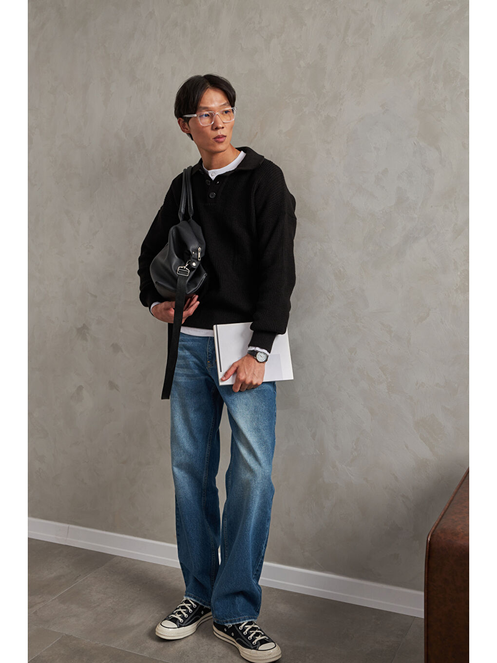 Siyah Erkek Yakası Düğmeli Oversize Kazak-6