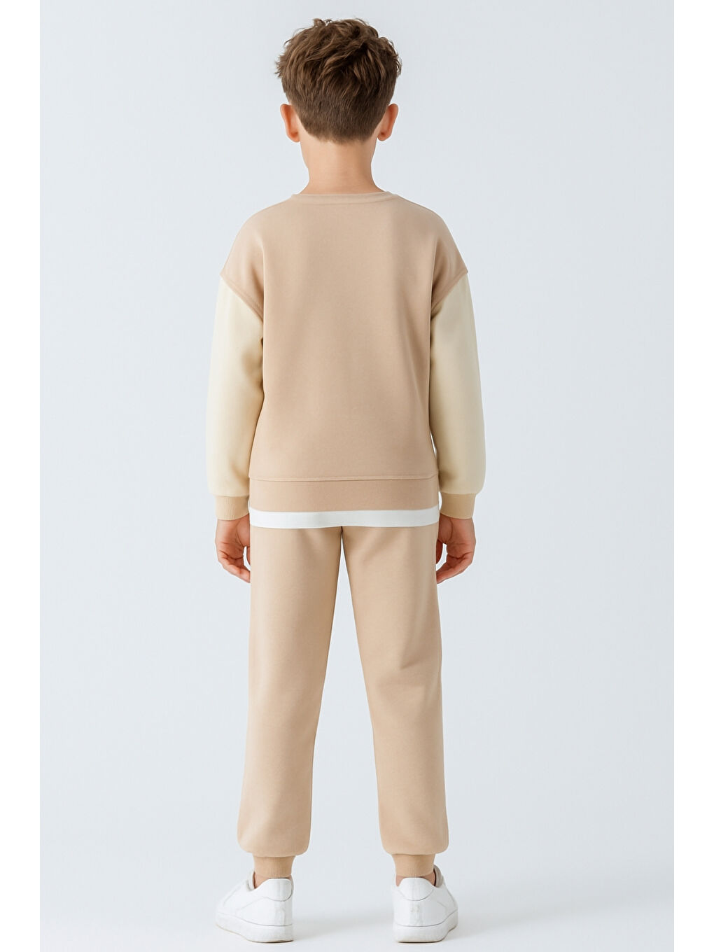 Bej Erkek Çocuk Upper Baskılı 3 İplik Kalın Kışlık Eşofman Takımı Ak4231-2