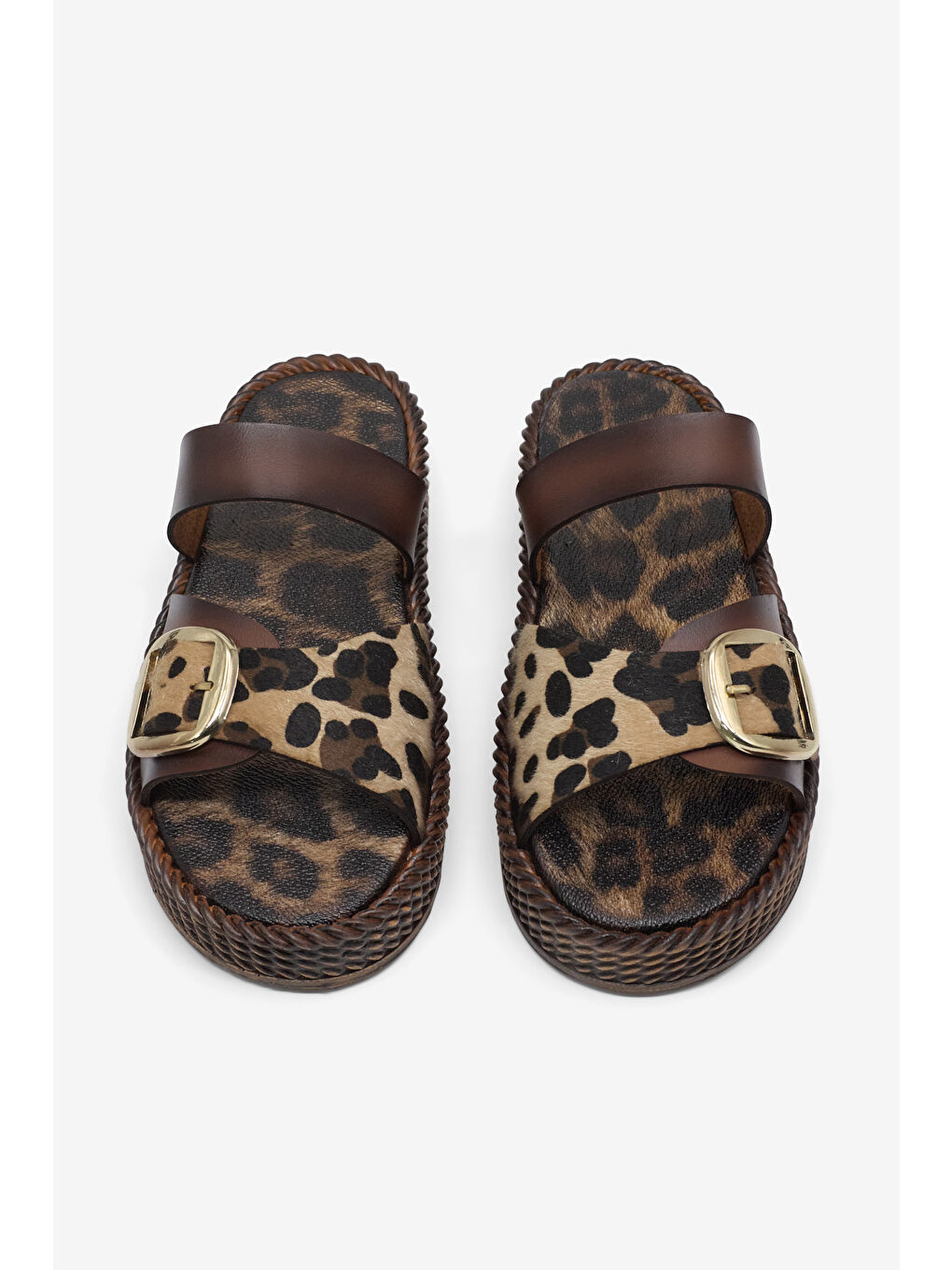 Kahverengi Kadın Taba Leopar Rahat Kalıp Tokalı Çapraz Terlik-1