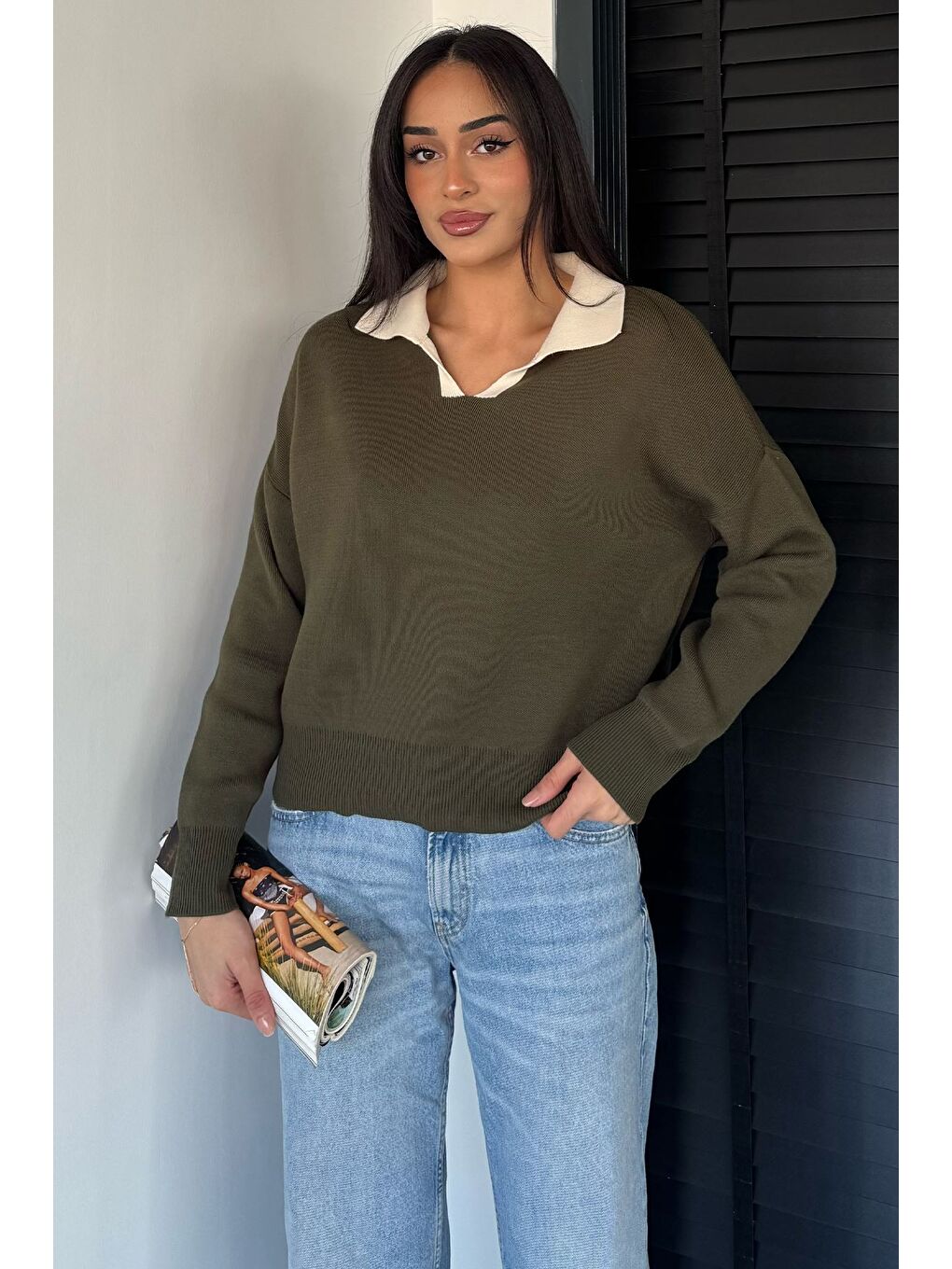 Haki Polo Yaka Salaş Triko Bluz (s,m,l,xl Uyumludur)