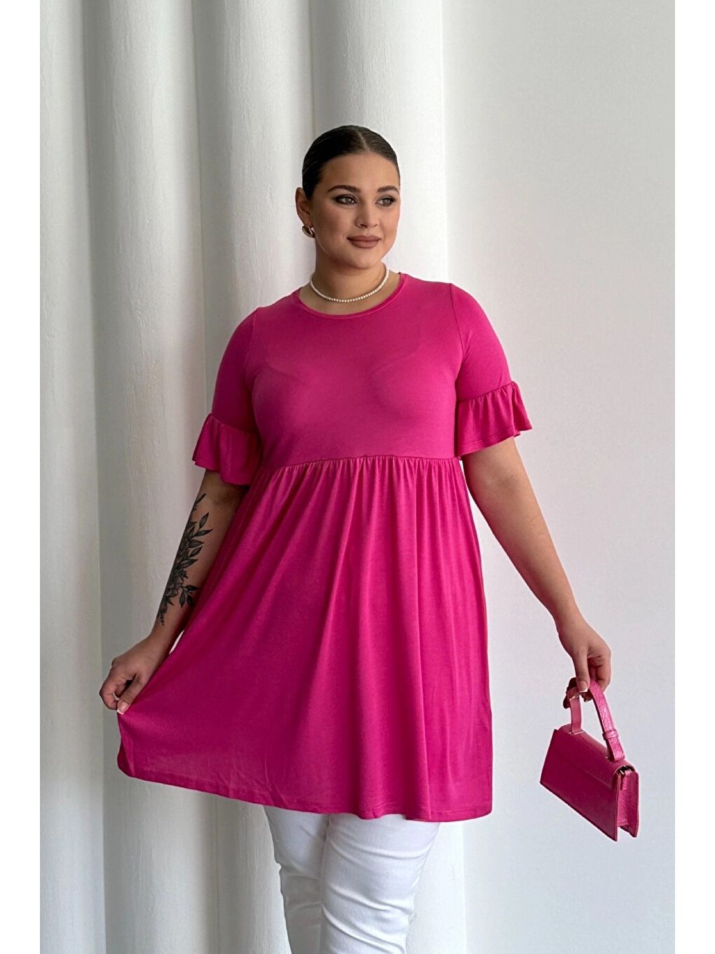 Fuşya Büyük Beden Kol Detaylı Beli Lastikli Pileli Tunik T-shirt T41-4