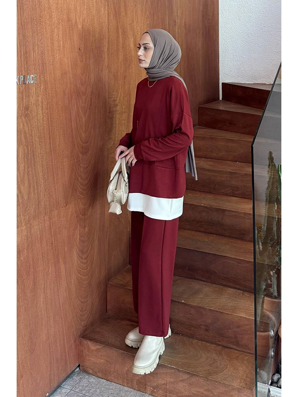 Fermuarlı Garnili Takım Bordo-1