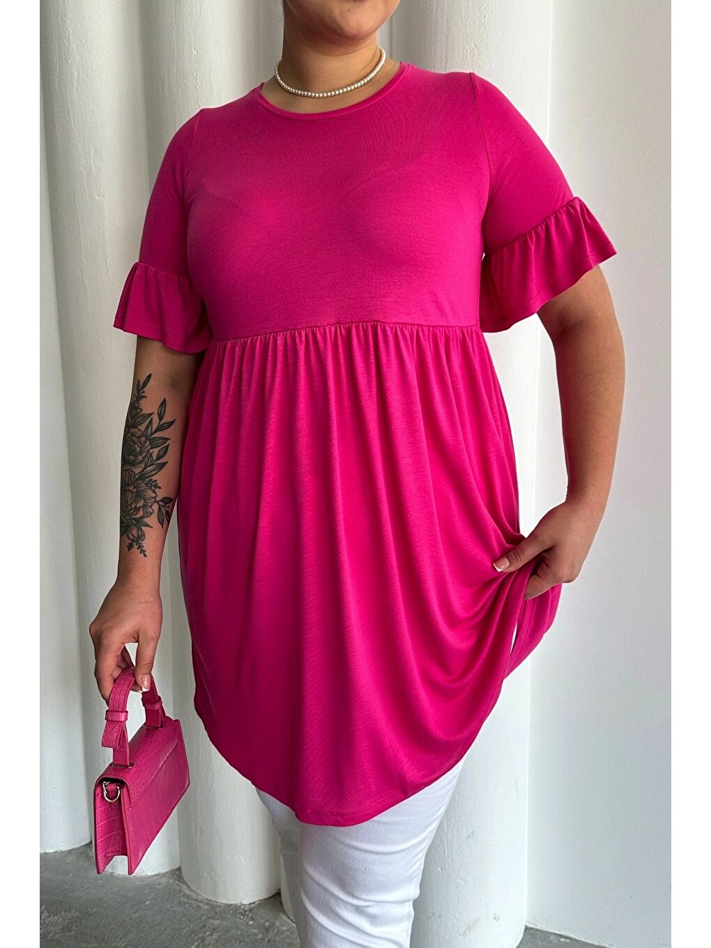 Fuşya Büyük Beden Kol Detaylı Beli Lastikli Pileli Tunik T-shirt T41-5