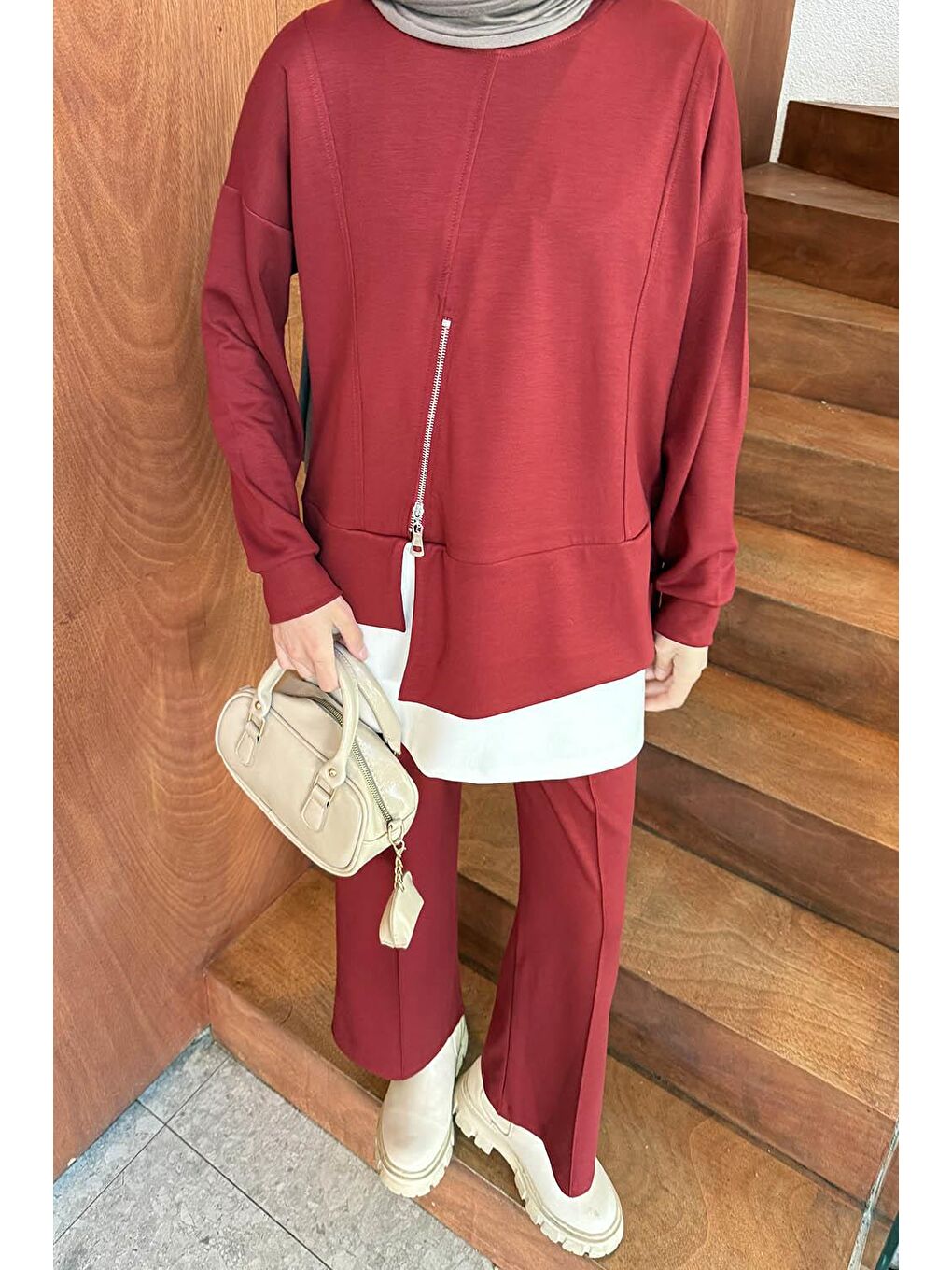 Fermuarlı Garnili Takım Bordo-2