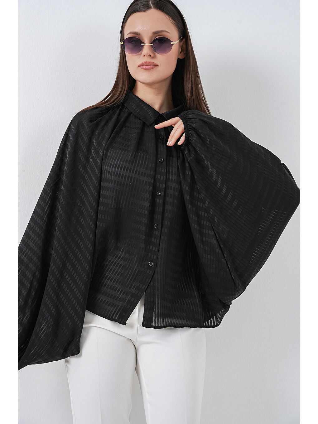 Kadın Yarasa Kol Oversize Gömlek 20368 - Siyah-2