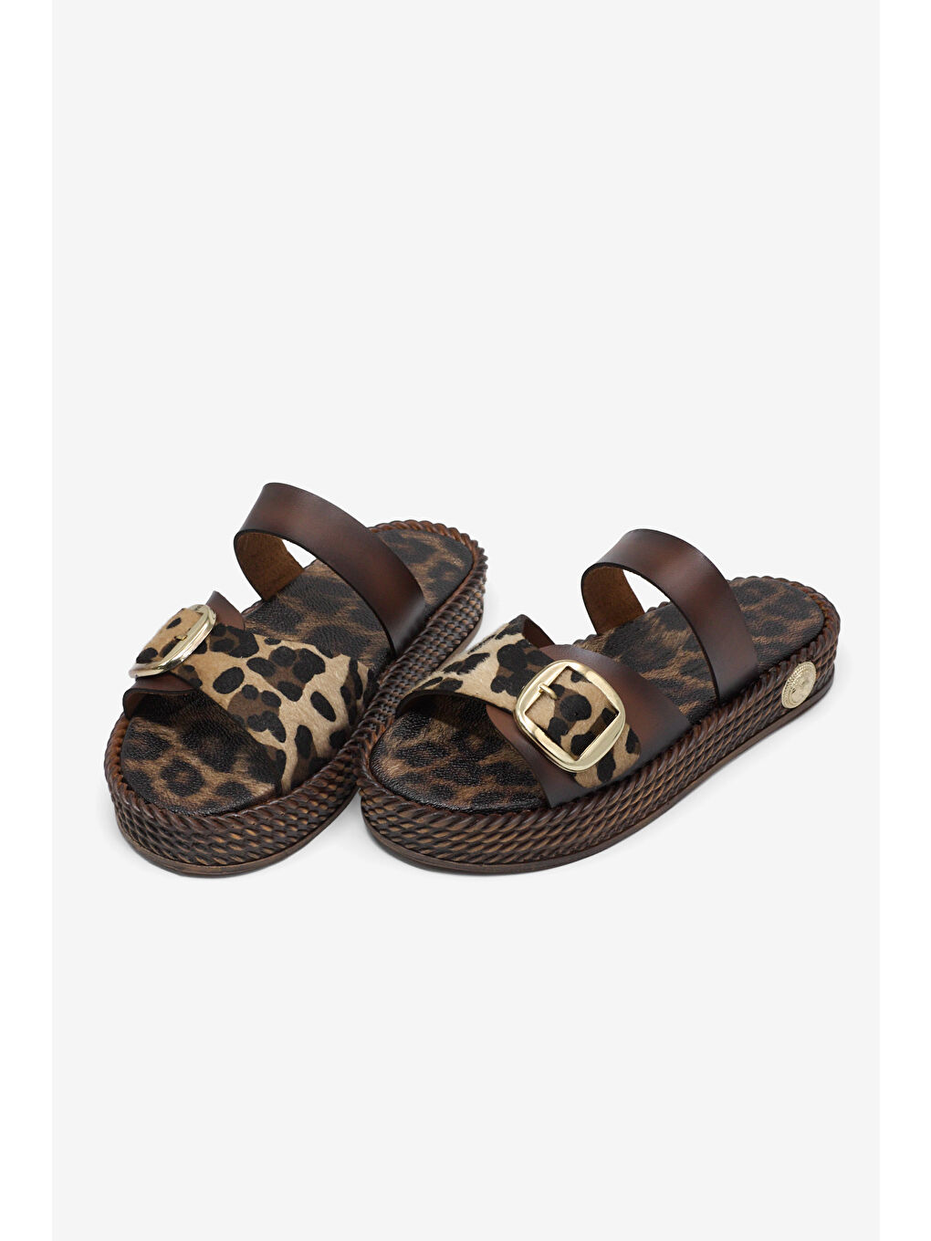 Kahverengi Kadın Taba Leopar Rahat Kalıp Tokalı Çapraz Terlik-2