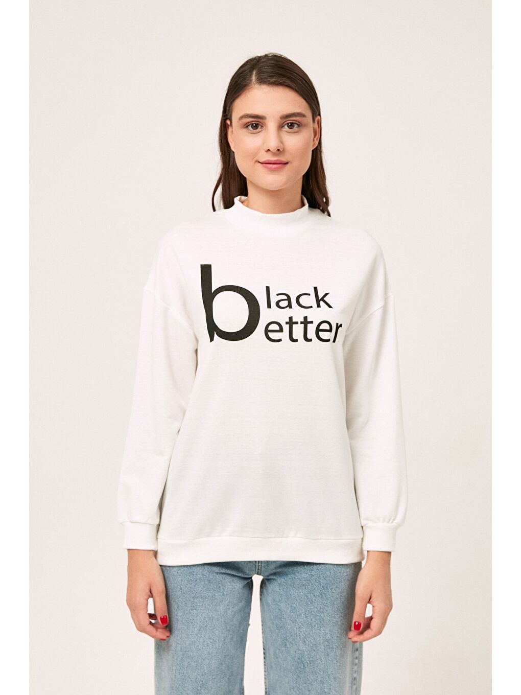 Ekru Black Better Baskılı Dik Yaka Sweatshirt-4