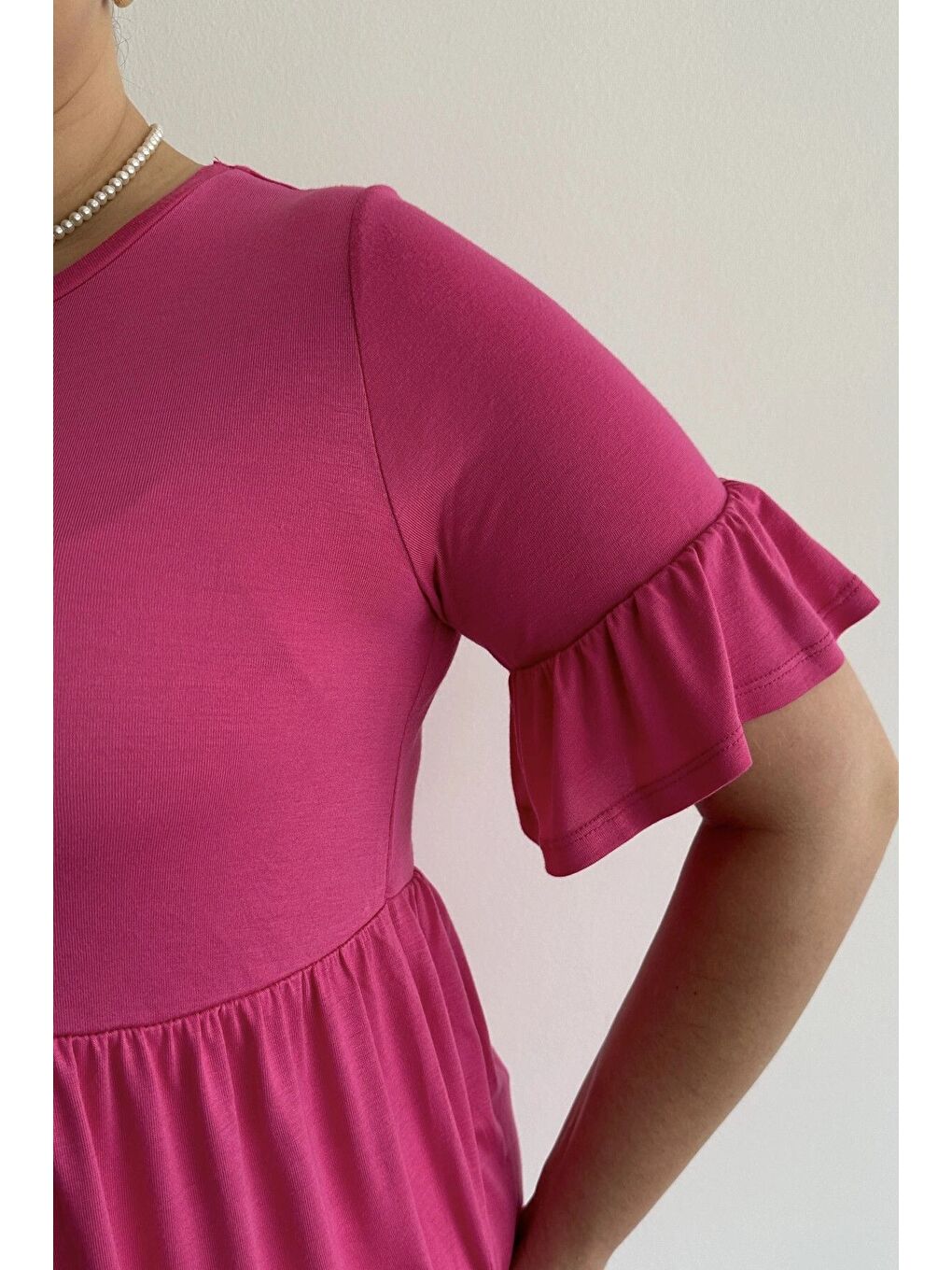 Fuşya Büyük Beden Kol Detaylı Beli Lastikli Pileli Tunik T-shirt T41-6