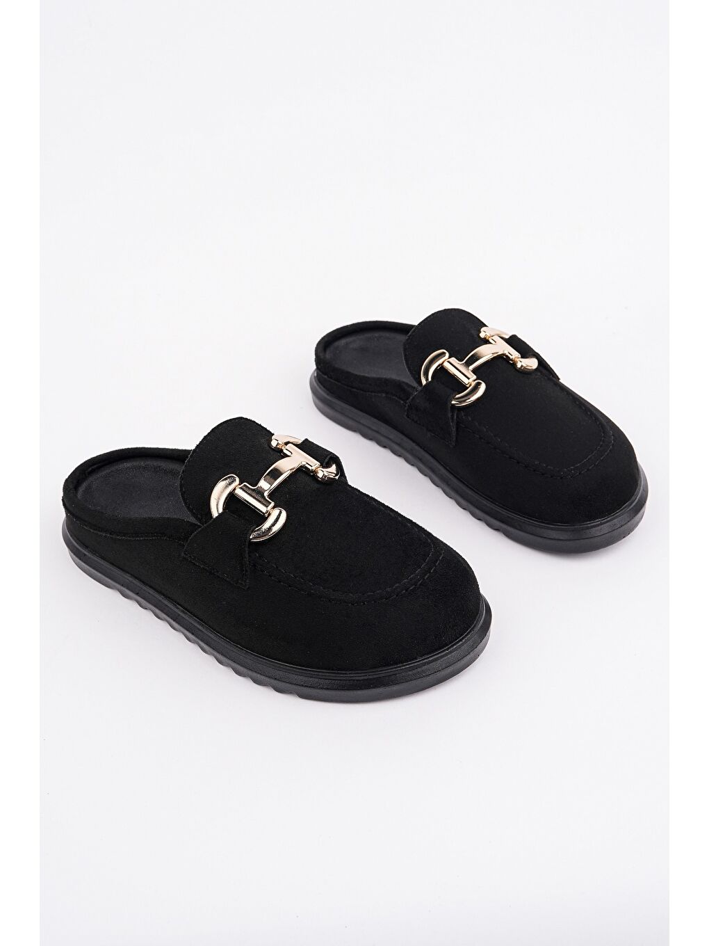 Siyah CARLEEN Süet Deri Gold Tokalı Günlük Rahat Önü Kapalı Kadın Loafer Terlik