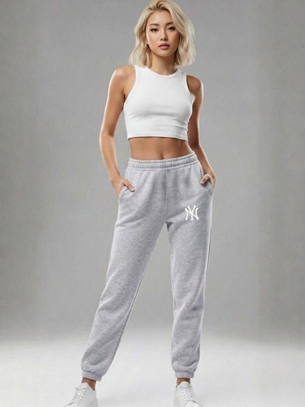 Kadın Gri NY Logo Özel Baskı Yüksek Bel Lastik Paça Eşofman Altı