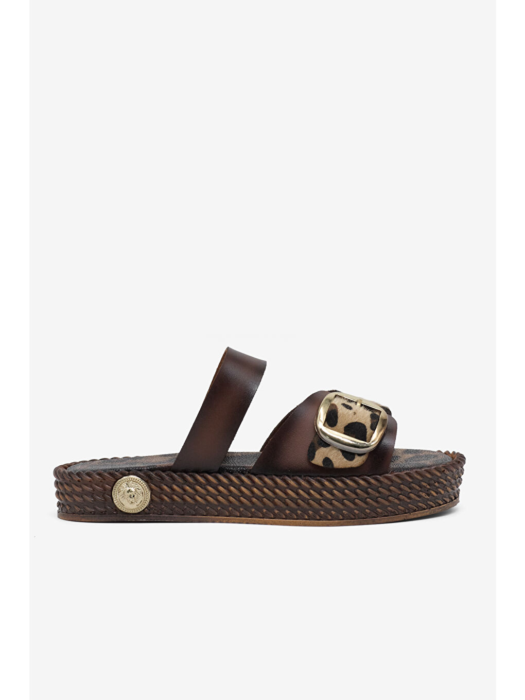 Kahverengi Kadın Taba Leopar Rahat Kalıp Tokalı Çapraz Terlik-3