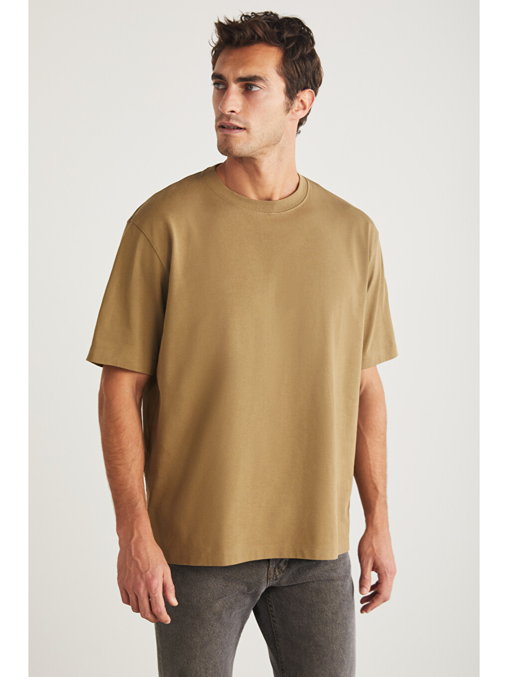 Kahverengi Blas Erkek Basic Oversize %100 Pamuklu Organik Pamuklu Örme Bisiklet Yaka Camel T-shirt-1