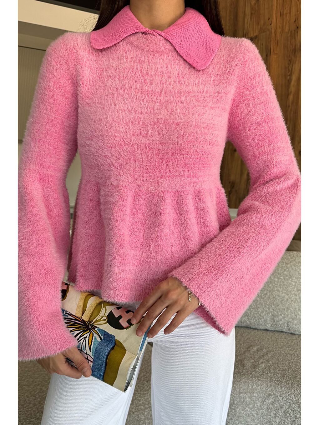 Pembe Gömlek Yaka Şardonlu Triko Bluz (s,m,l,xl Uyumludur)