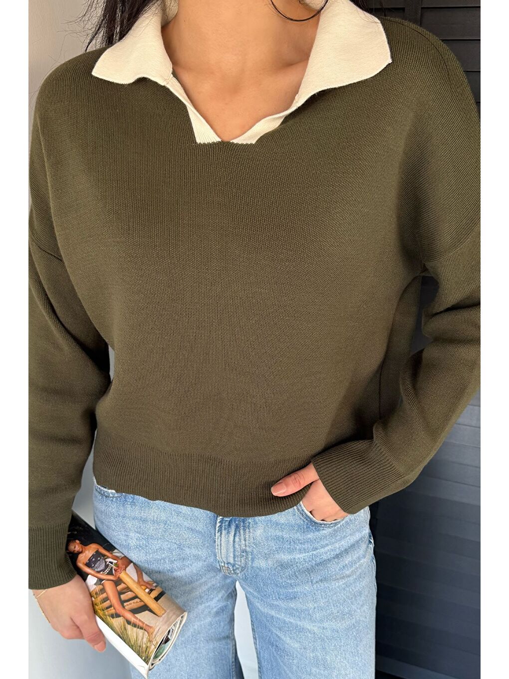 Haki Polo Yaka Salaş Triko Bluz (s,m,l,xl Uyumludur)-2