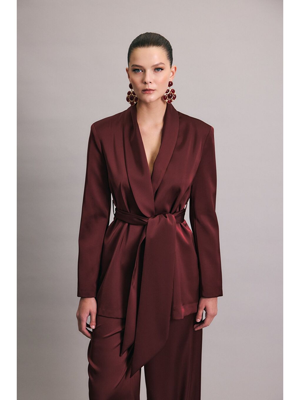 Kuşaklı Saten Ceket - Bordo-2