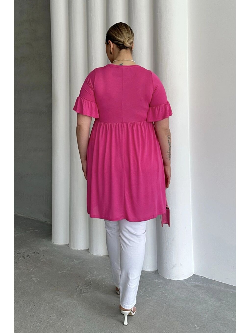Fuşya Büyük Beden Kol Detaylı Beli Lastikli Pileli Tunik T-shirt T41-7