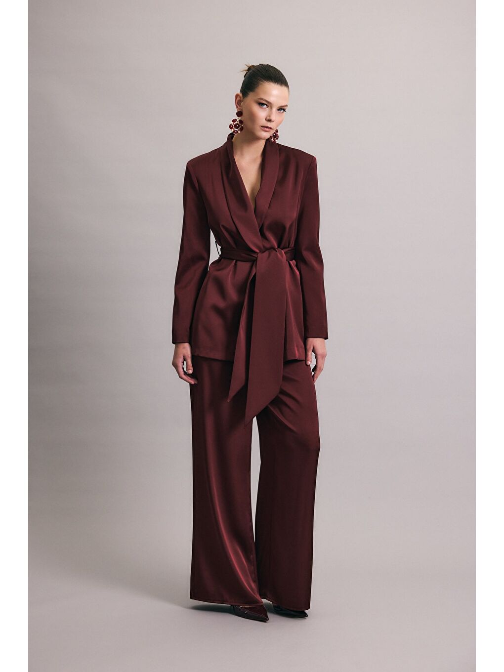 Kuşaklı Saten Ceket - Bordo-3
