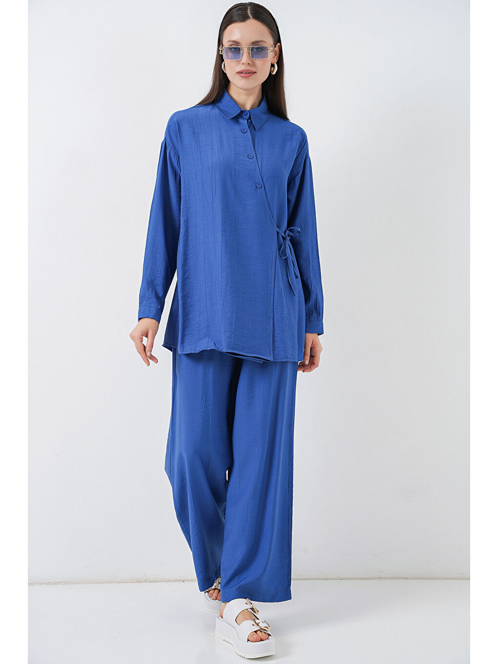 Kadın Bağcıklı Tunik Pantolon İkili Takım 6752 - İndigo-2